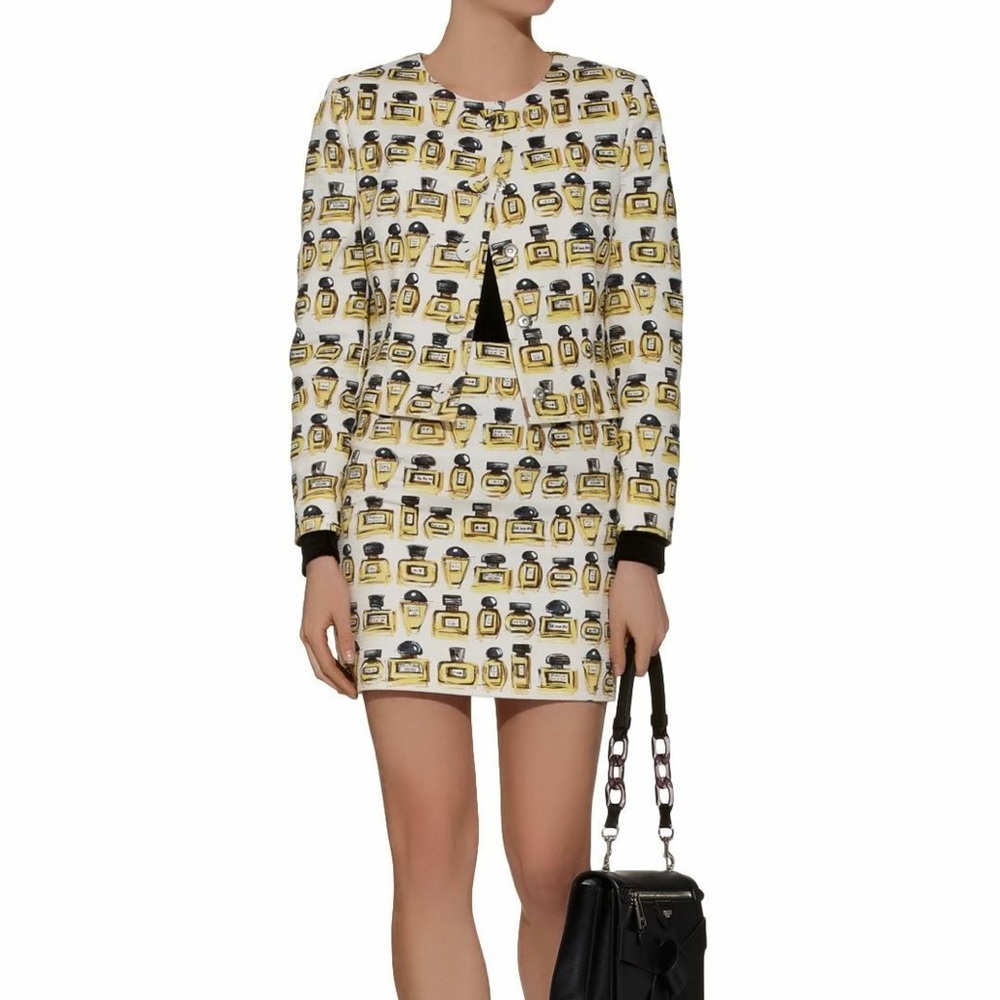 Moschino perfume print set jacket and skirt